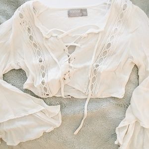 LF Cropped White Lace Up Flare Arm Top (Size XS)